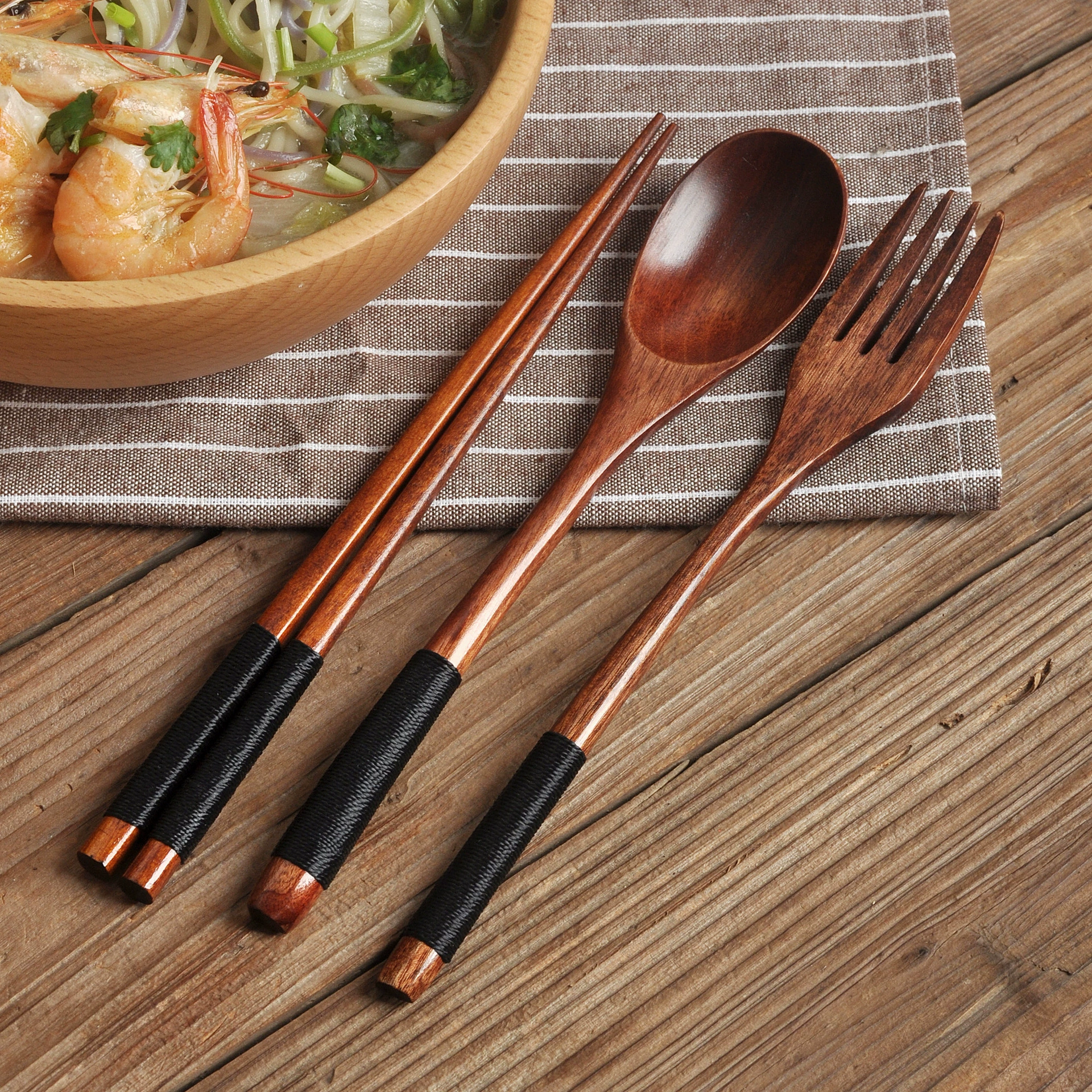 Solid Wood Spoon Fork Chopsticks Set