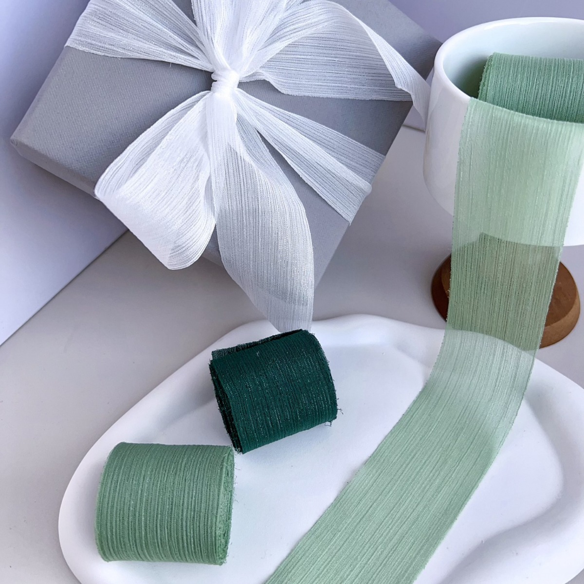Silver Glitter Pleated Mesh Ribbon