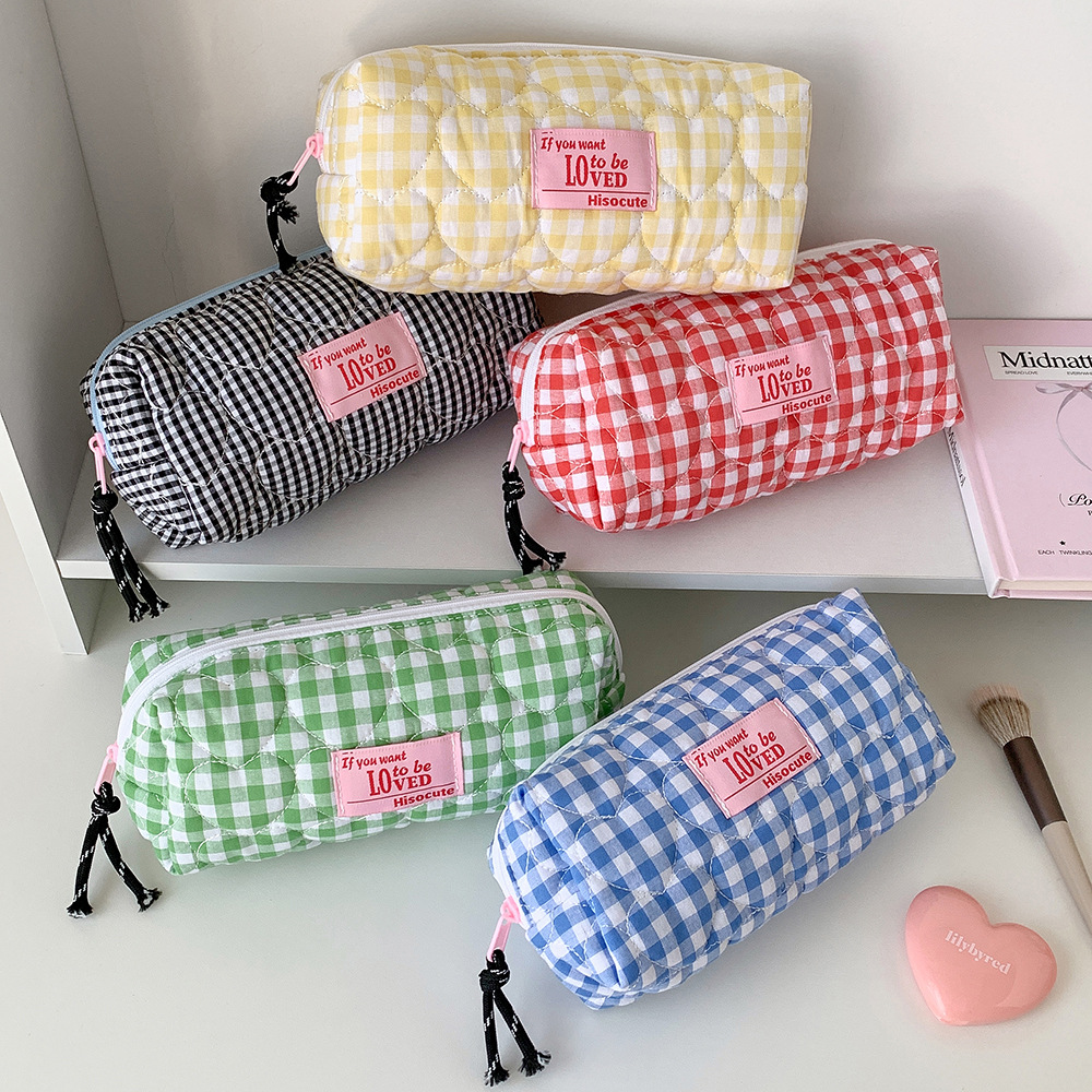 Korean Plaid Pencil Case Cute Stationery Pouch Wash Bag Organizer