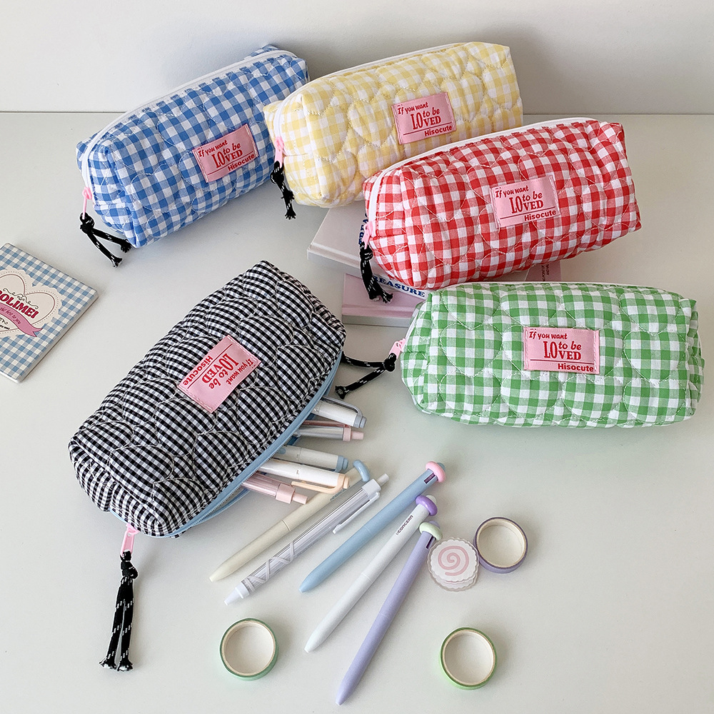 Korean Plaid Pencil Case Cute Stationery Pouch Wash Bag Organizer