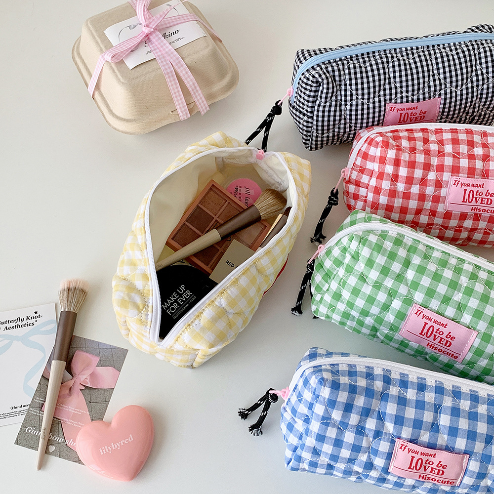 Korean Plaid Pencil Case Cute Stationery Pouch Wash Bag Organizer